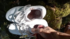 Twink jerks off his cock, squirts cum in dirty smelly shoes, into white sneakers, Nike Air Force One Thumb
