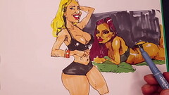 porn artist draws sexy girls with big boobs , markers quick sketch Thumb