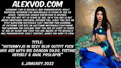 Hotkinkyjo in sexy blue outfit fuck her ass with big dragon dildo, fisting herself &amp_ anal prolap Thumb