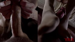 Collage of mom sucking cock and playing with the foreskin of her lover'_s cock, jerking off with Thumb
