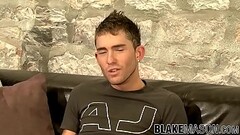 Slim twink Kane jerks off big throbbing dick after interview Thumb